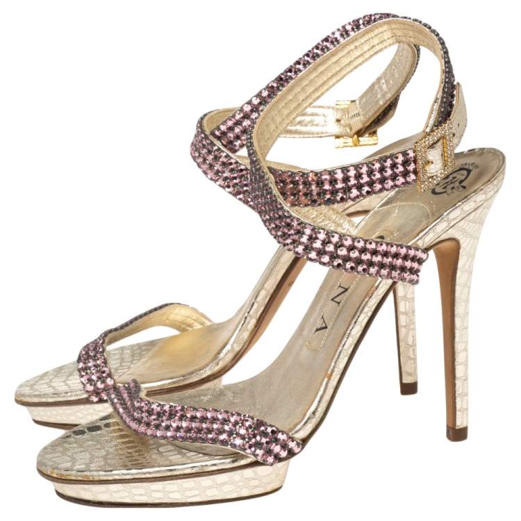 Pre Owned Gina Gold Croc Embossed Leather Embellished  Ankle Wrap Sandals Size 37