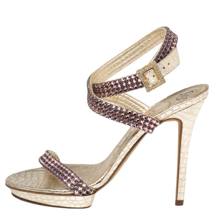 Pre Owned Gina Gold Croc Embossed Leather Embellished  Ankle Wrap Sandals Size 37