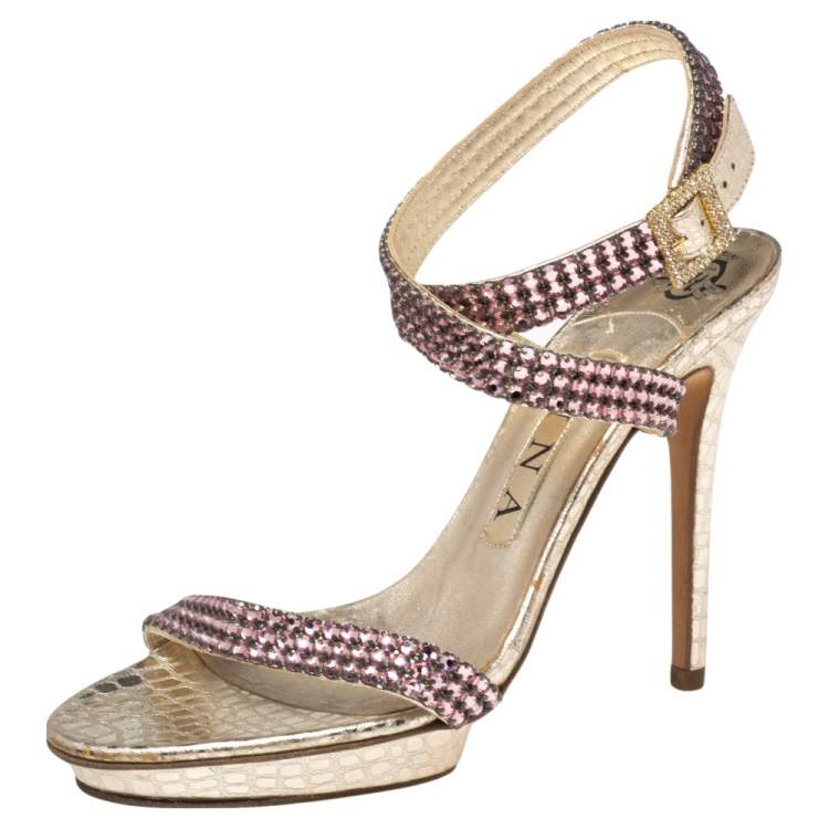 Pre Owned Gina Gold Croc Embossed Leather Embellished  Ankle Wrap Sandals Size 37