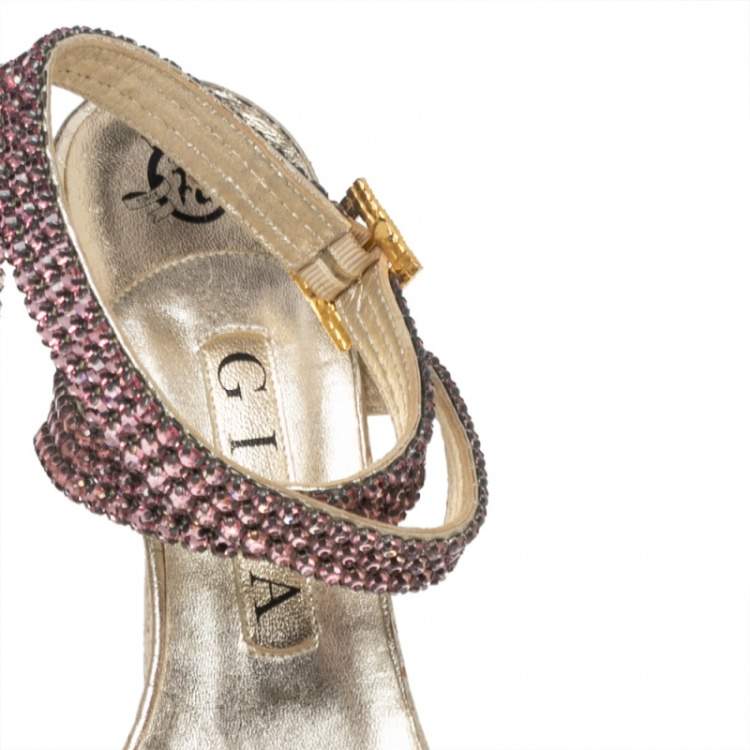 Pre Owned Gina Gold Croc Embossed Leather Embellished  Ankle Wrap Sandals Size 37