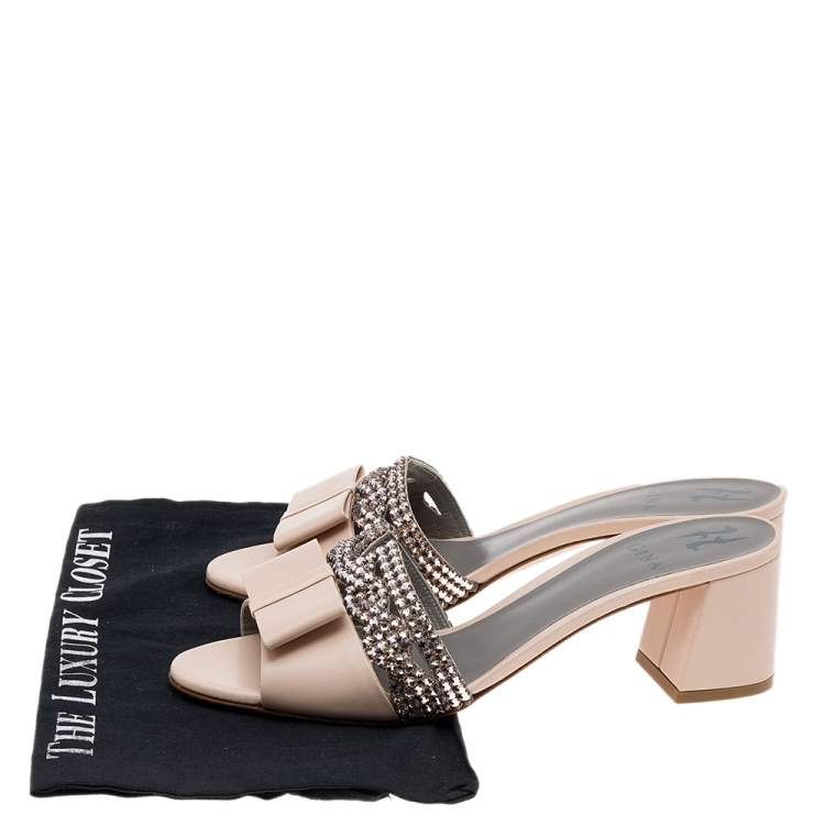 Pre Owned Gina Beige Leather And Crystal Embellished Bow Slide Sandals Size 40.5