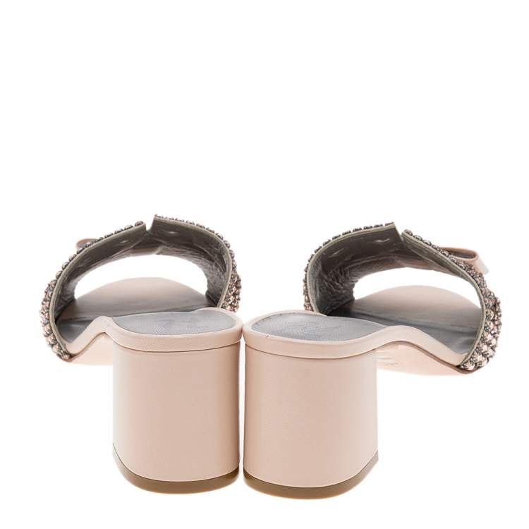 Pre Owned Gina Beige Leather And Crystal Embellished Bow Slide Sandals Size 40.5