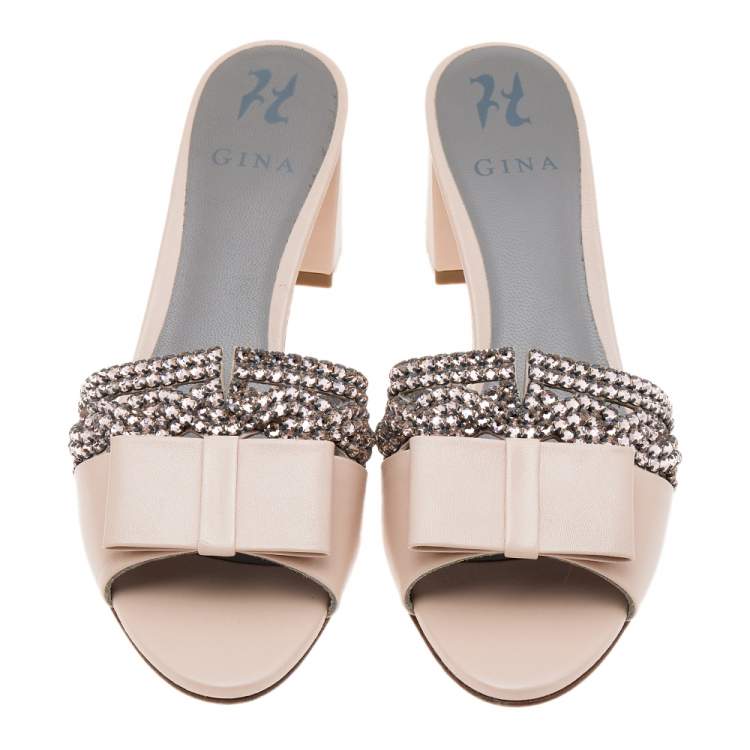 Pre Owned Gina Beige Leather And Crystal Embellished Bow Slide Sandals Size 40.5