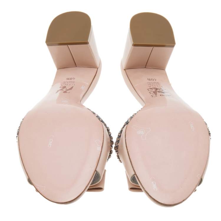 Pre Owned Gina Beige Leather And Crystal Embellished Bow Slide Sandals Size 40.5