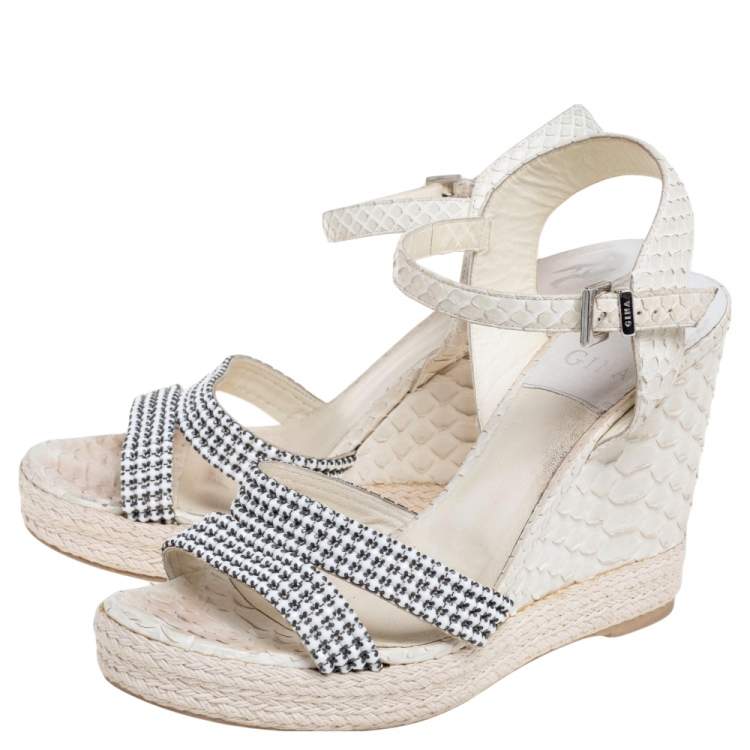Pre Owned Gina Off-White Python Leather Crystal Embellished Wedge Platform Sandals Size 40