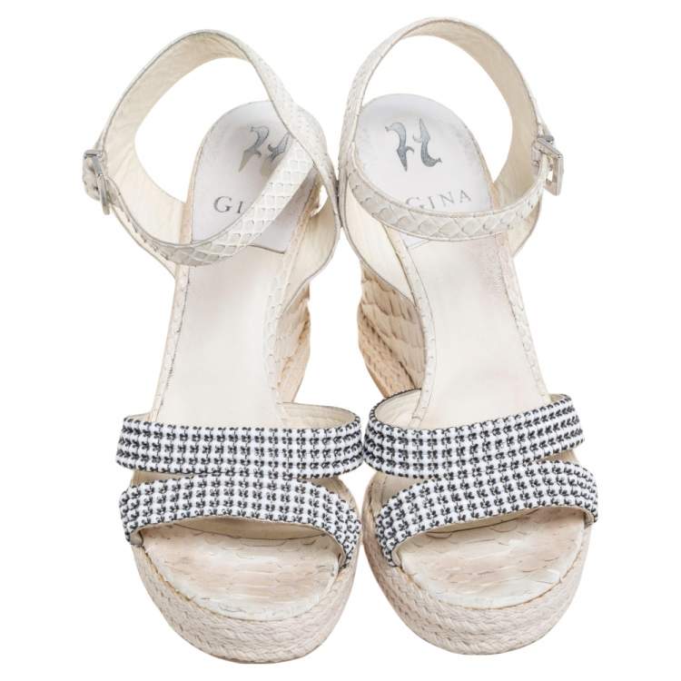 Pre Owned Gina Off-White Python Leather Crystal Embellished Wedge Platform Sandals Size 40