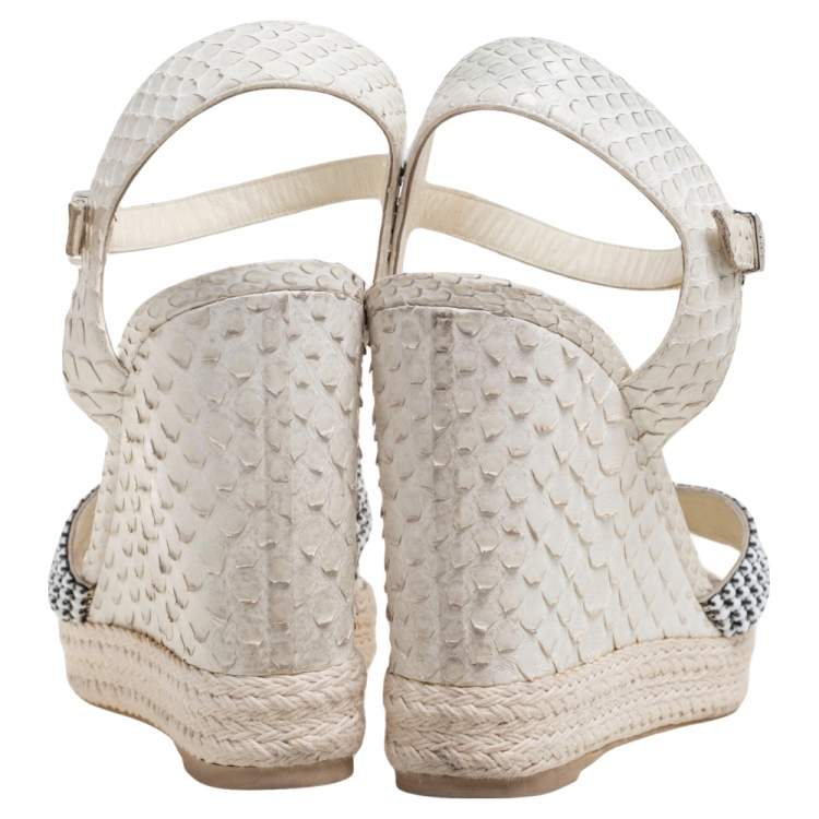 Pre Owned Gina Off-White Python Leather Crystal Embellished Wedge Platform Sandals Size 40