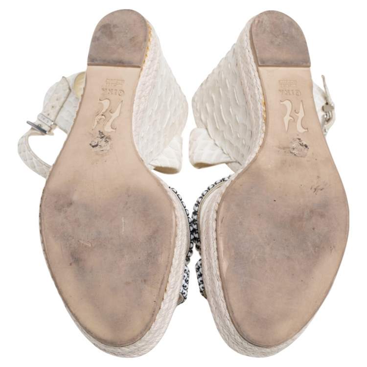 Pre Owned Gina Off-White Python Leather Crystal Embellished Wedge Platform Sandals Size 40