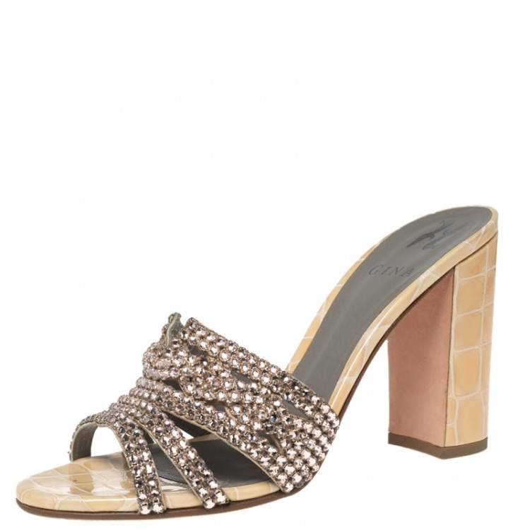 Gina Beige Crystal Embellished Leather Loren Block Heel Slide Sandals ...