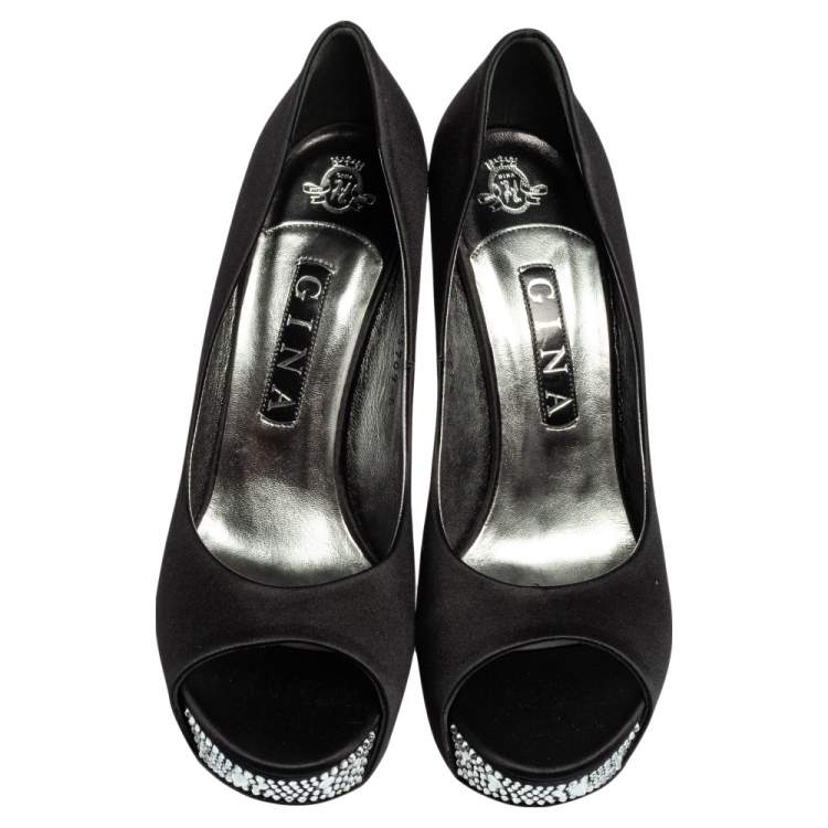 Pre Owned Gina Black Satin Crystal Embellished Belle Open Toe Wedge Pumps Size 39