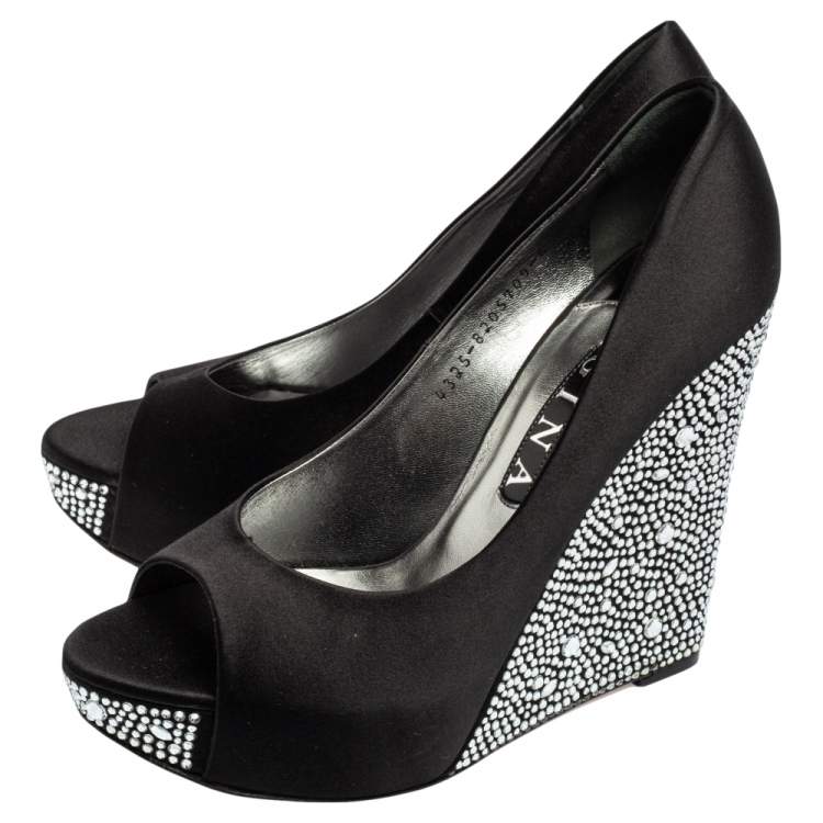 Pre Owned Gina Black Satin Crystal Embellished Belle Open Toe Wedge Pumps Size 39