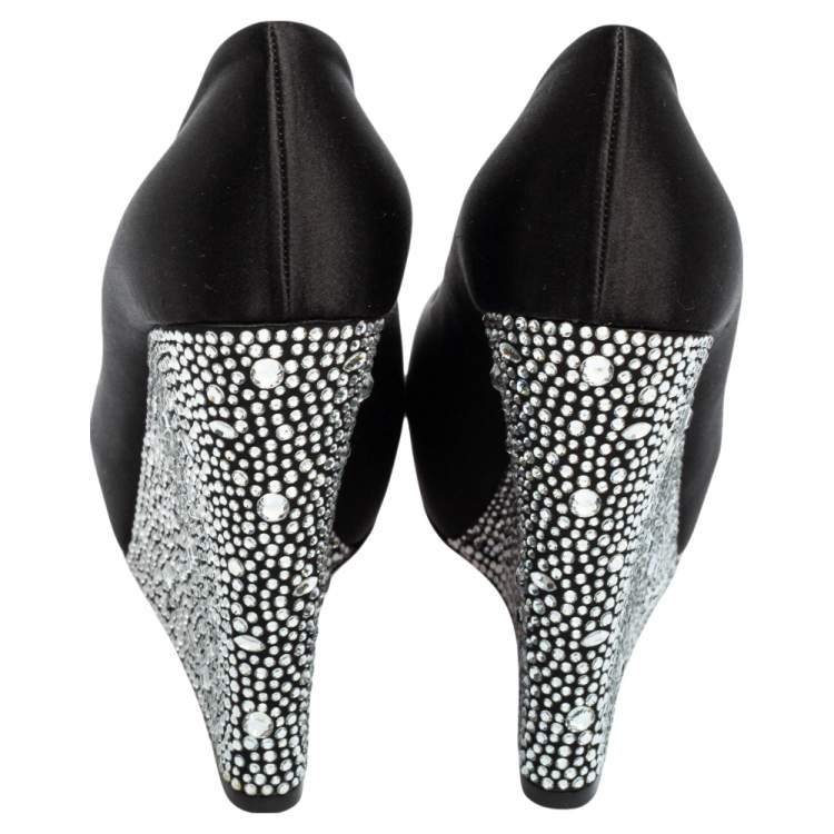 Pre Owned Gina Black Satin Crystal Embellished Belle Open Toe Wedge Pumps Size 39