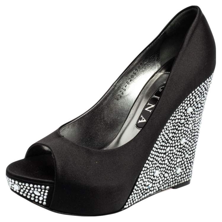 Pre Owned Gina Black Satin Crystal Embellished Belle Open Toe Wedge Pumps Size 39