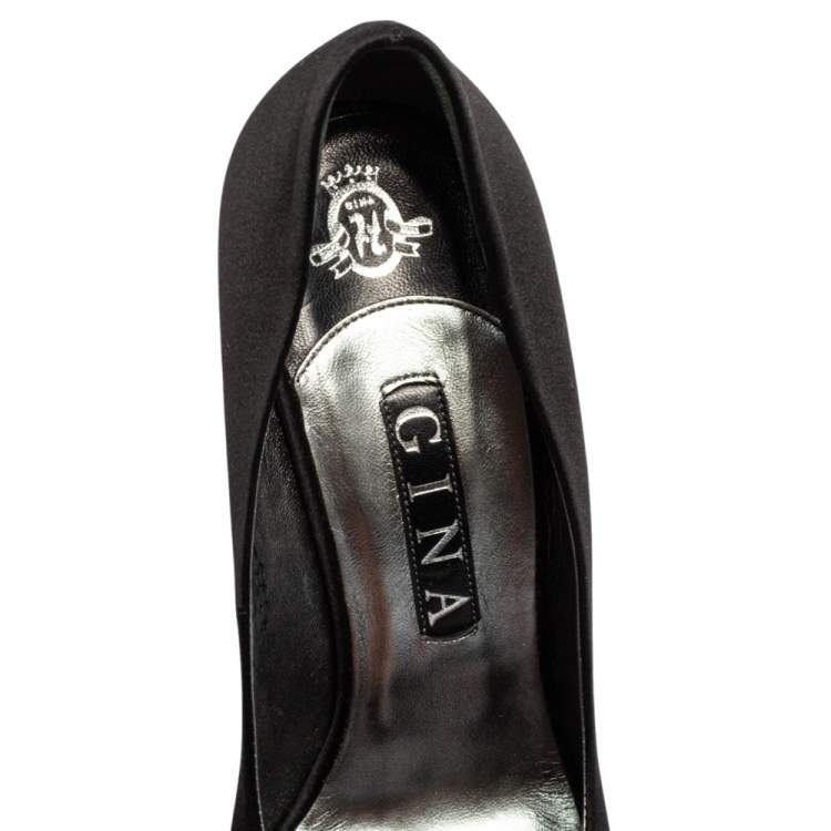 Pre Owned Gina Black Satin Crystal Embellished Belle Open Toe Wedge Pumps Size 39