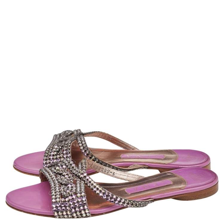 Pre Owned Gina Purple Leather Crystal Embellished Slide Sandals Size 39