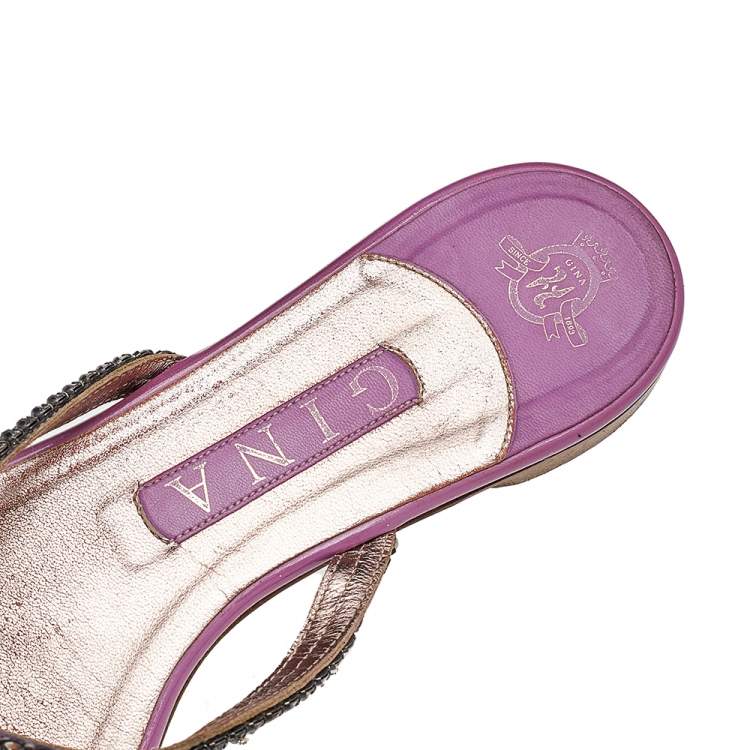 Pre Owned Gina Purple Leather Crystal Embellished Slide Sandals Size 39