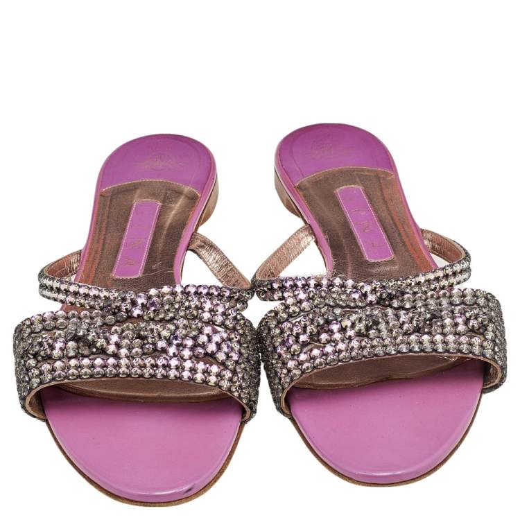 Pre Owned Gina Purple Leather Crystal Embellished Slide Sandals Size 39