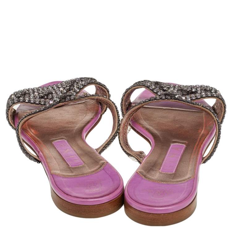 Pre Owned Gina Purple Leather Crystal Embellished Slide Sandals Size 39