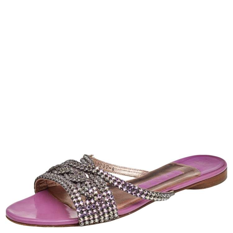 Pre Owned Gina Purple Leather Crystal Embellished Slide Sandals Size 39