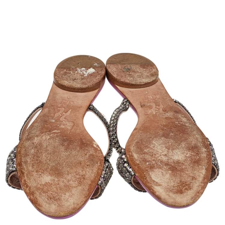 Pre Owned Gina Purple Leather Crystal Embellished Slide Sandals Size 39