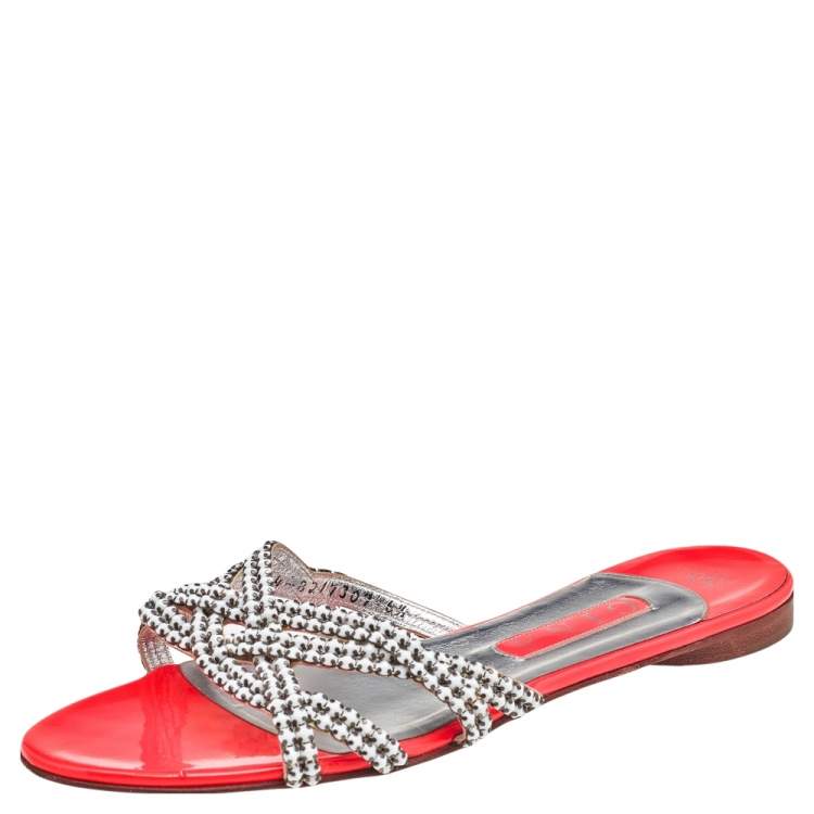 Pre Owned Gina White/Neon Orange Leather Embellished Slide Sandals Size 39.5