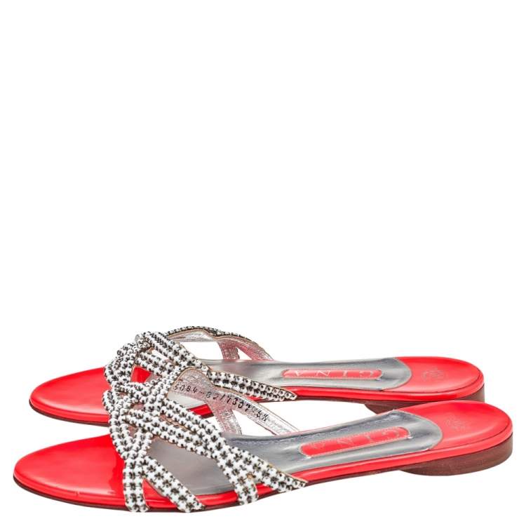 Pre Owned Gina White/Neon Orange Leather Embellished Slide Sandals Size 39.5