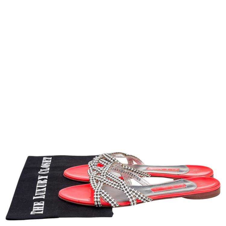 Pre Owned Gina White/Neon Orange Leather Embellished Slide Sandals Size 39.5