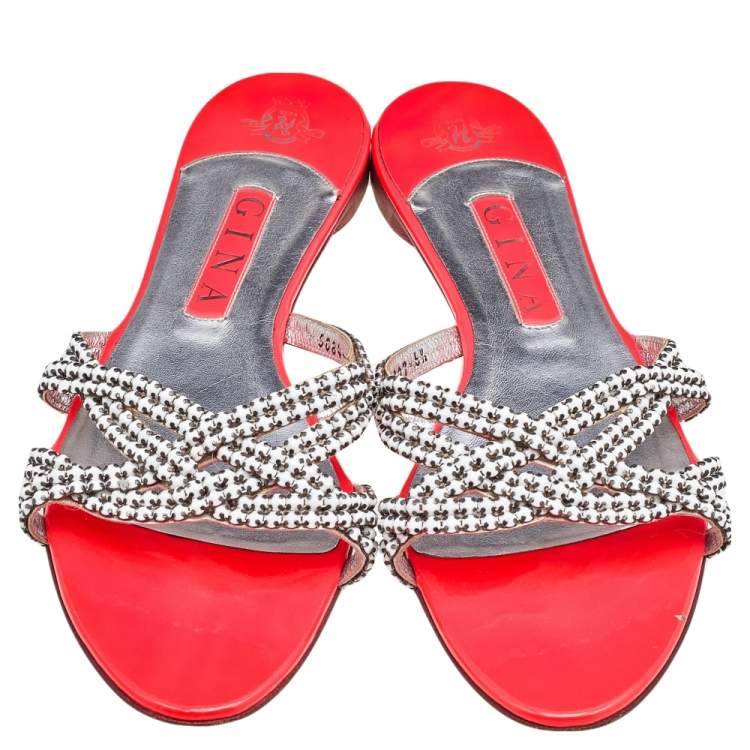 Pre Owned Gina White/Neon Orange Leather Embellished Slide Sandals Size 39.5