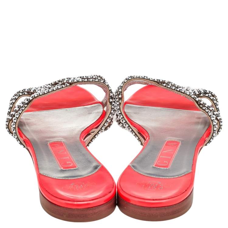 Pre Owned Gina White/Neon Orange Leather Embellished Slide Sandals Size 39.5