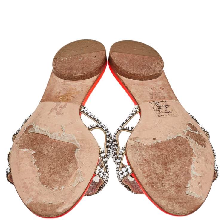 Pre Owned Gina White/Neon Orange Leather Embellished Slide Sandals Size 39.5