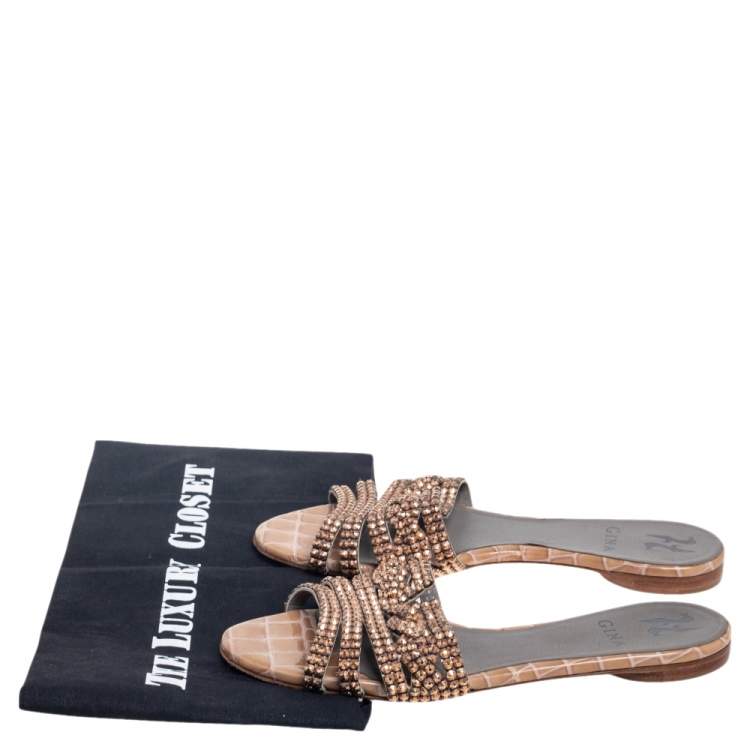 مملوكة مسبقًا Gina Beige Crystal Embellished Leather Loren Flat Slides Size 38