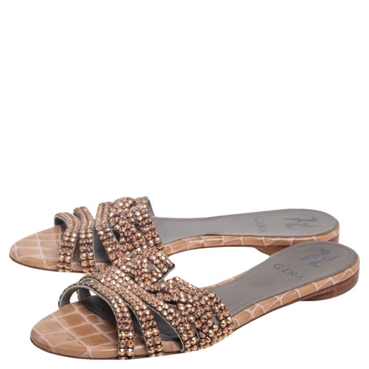 مملوكة مسبقًا Gina Beige Crystal Embellished Leather Loren Flat Slides Size 38