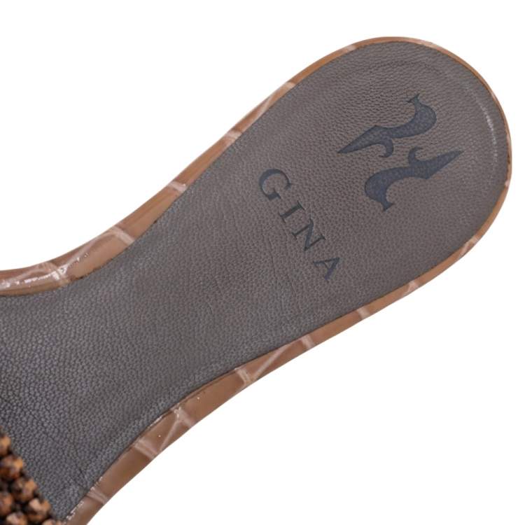 مملوكة مسبقًا Gina Beige Crystal Embellished Leather Loren Flat Slides Size 38