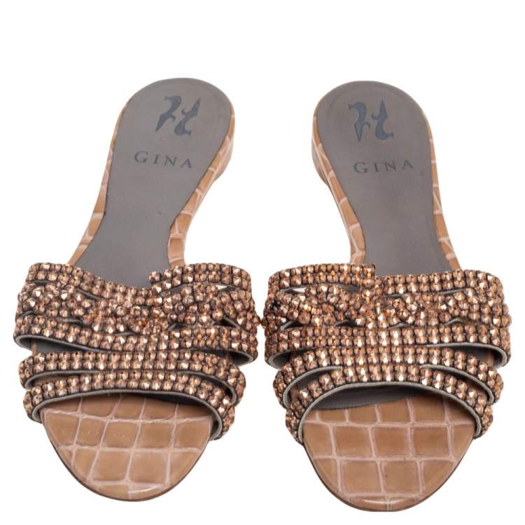 مملوكة مسبقًا Gina Beige Crystal Embellished Leather Loren Flat Slides Size 38