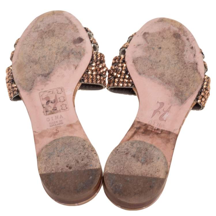 مملوكة مسبقًا Gina Beige Crystal Embellished Leather Loren Flat Slides Size 38