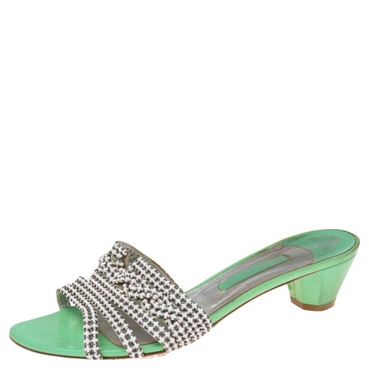 Gina Green Leather Crystal Embellished Slide Block Heel Sandals Size 415 Gina The Luxury Closet 