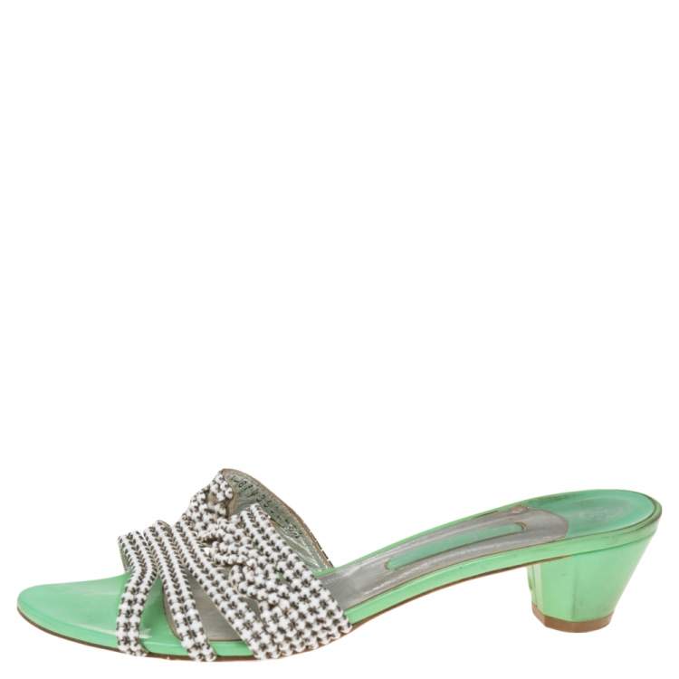 Pre Owned Gina Green Leather Crystal Embellished Slide Block Heel Sandals Size 41.5