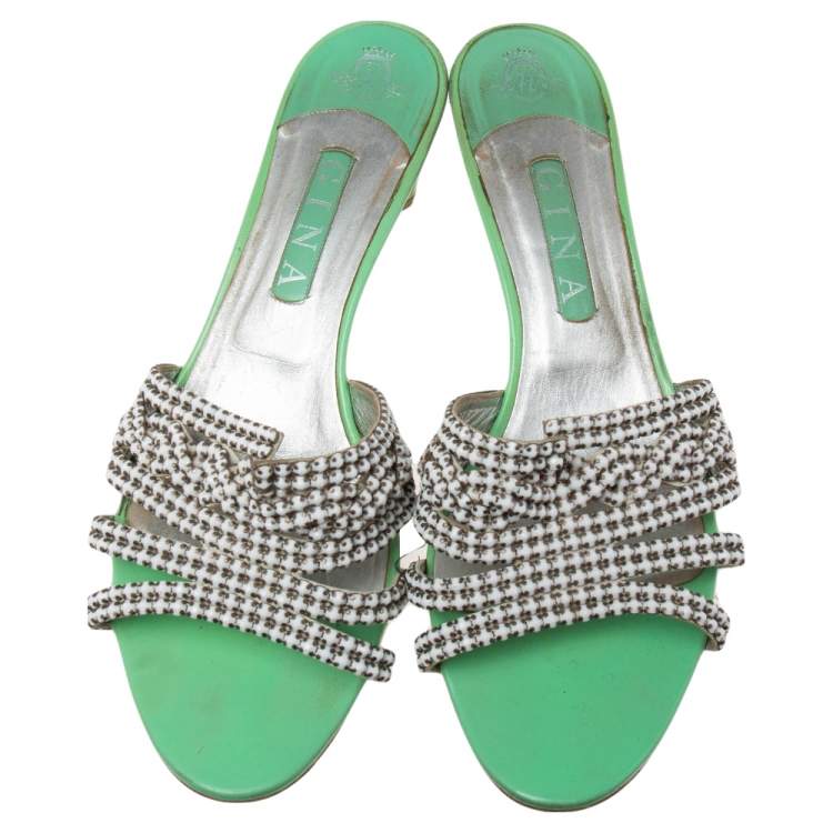 Pre Owned Gina Green Leather Crystal Embellished Slide Block Heel Sandals Size 41.5