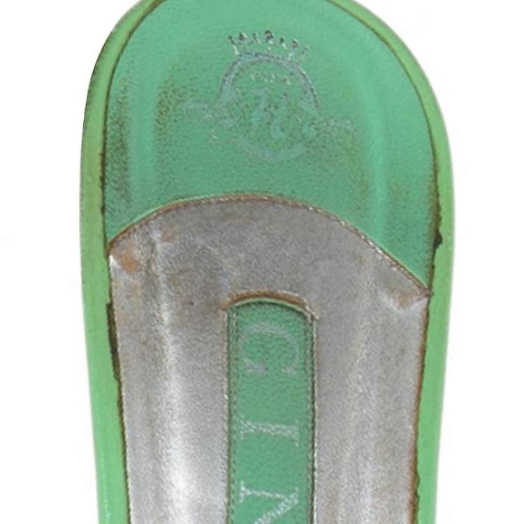Pre Owned Gina Green Leather Crystal Embellished Slide Block Heel Sandals Size 41.5