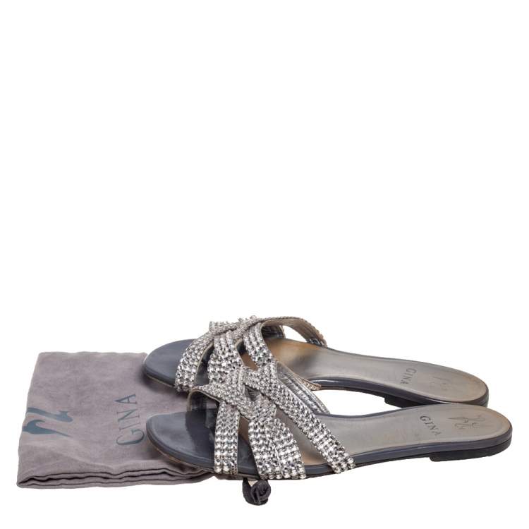 Pre Owned Gina Silver Crystal Embellished Leather Flat Slides Size 39.5