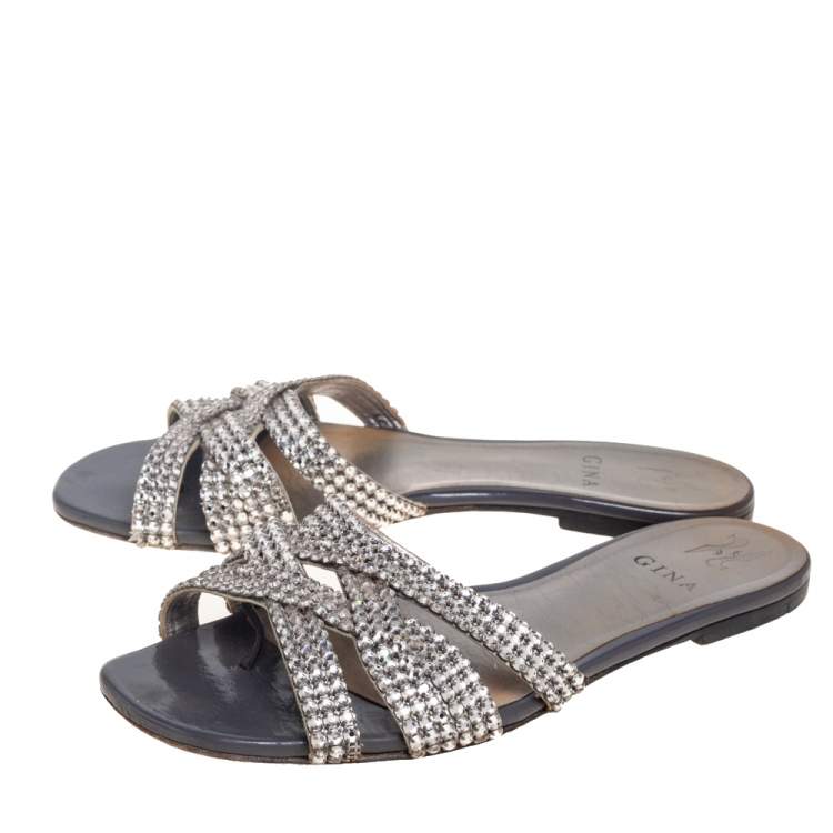 Pre Owned Gina Silver Crystal Embellished Leather Flat Slides Size 39.5