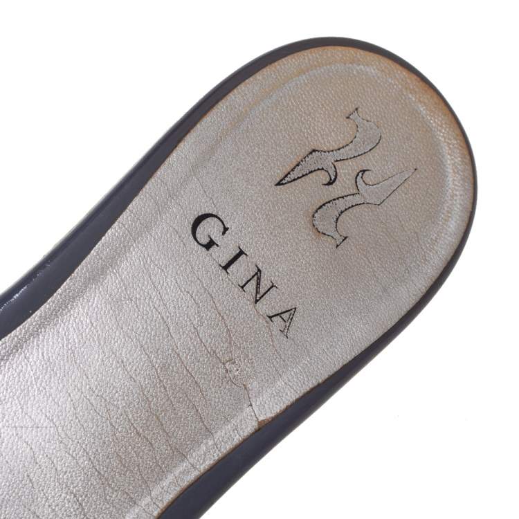 Pre Owned Gina Silver Crystal Embellished Leather Flat Slides Size 39.5