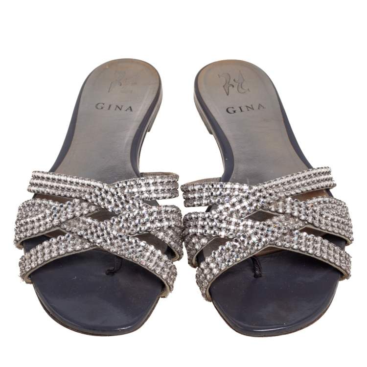Pre Owned Gina Silver Crystal Embellished Leather Flat Slides Size 39.5