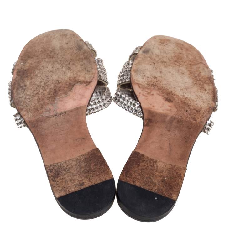 Pre Owned Gina Silver Crystal Embellished Leather Flat Slides Size 39.5
