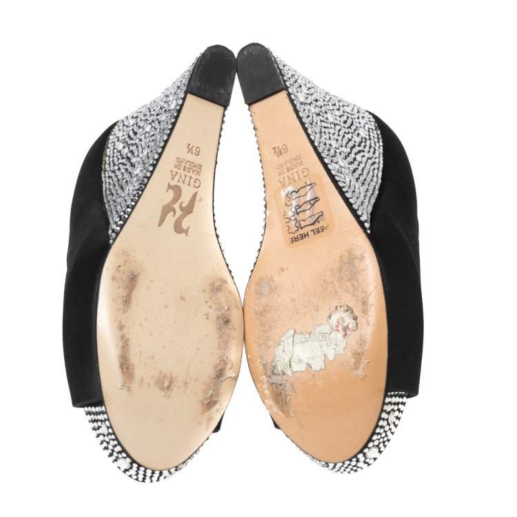 Pre Owned Gina Black Satin Belle Crystal Embellished Wedge Peep Toe Platform Pumps Size 39.5