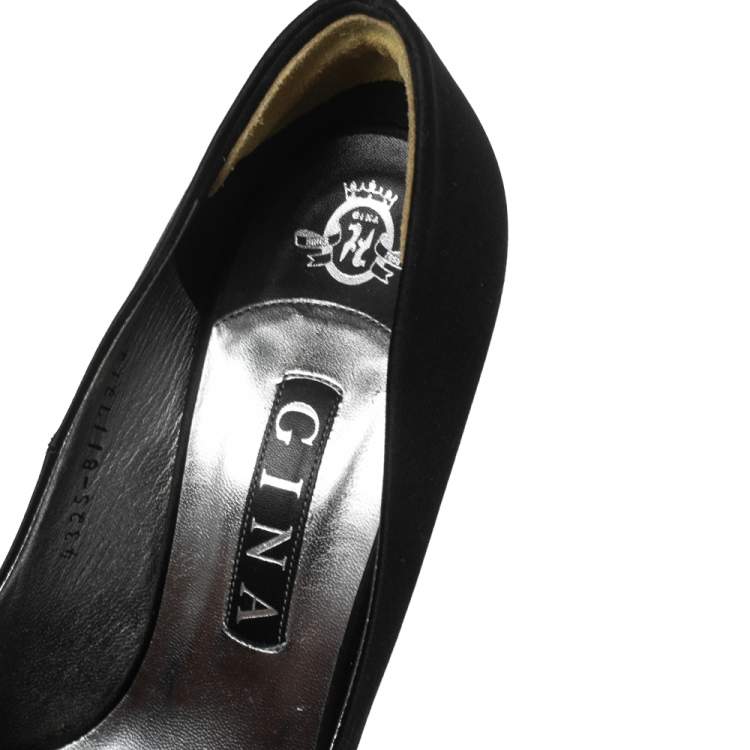 Pre Owned Gina Black Satin Belle Crystal Embellished Wedge Peep Toe Platform Pumps Size 39.5