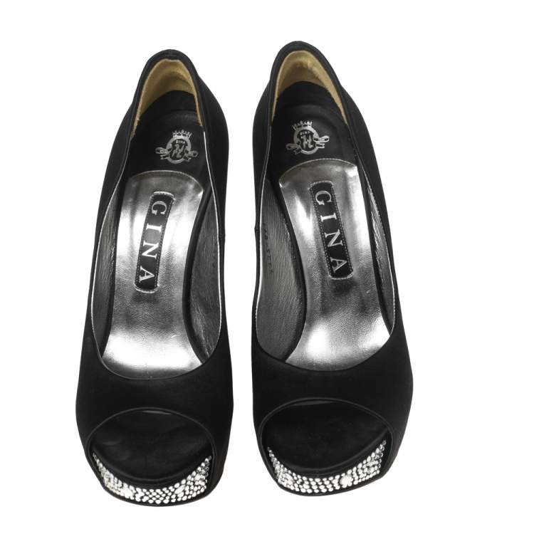 Pre Owned Gina Black Satin Belle Crystal Embellished Wedge Peep Toe Platform Pumps Size 39.5