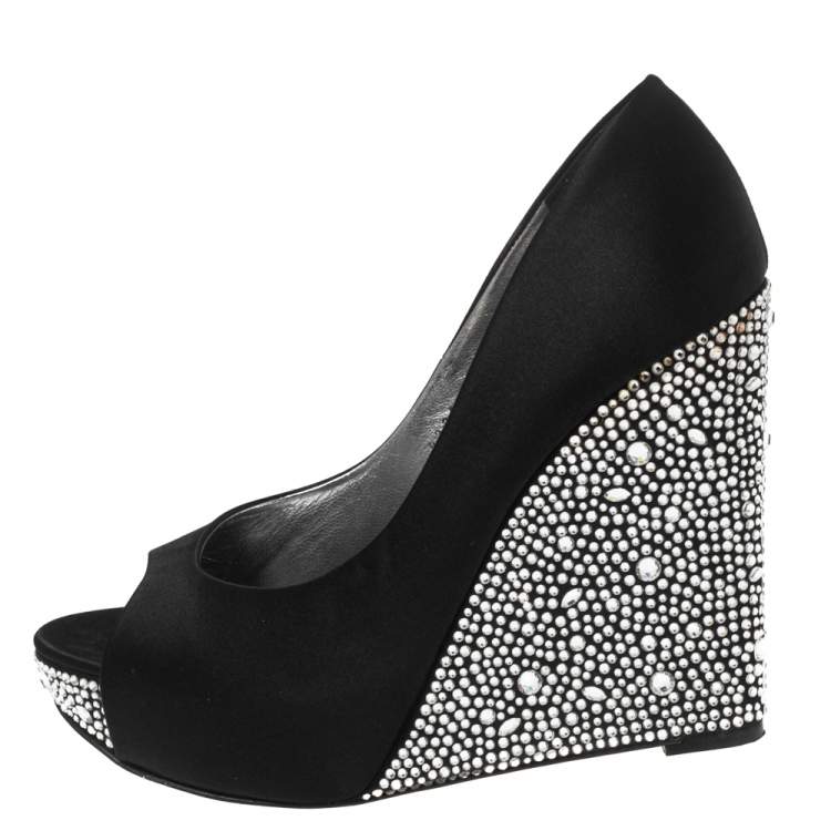 Pre Owned Gina Black Satin Belle Crystal Embellished Wedge Peep Toe Platform Pumps Size 39.5