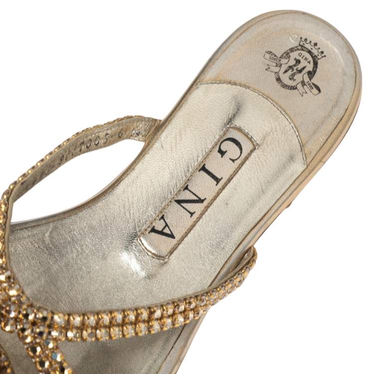 Pre Owned Gina Gold Leather Crystal Embellished Flat Loren Sandals Size 39