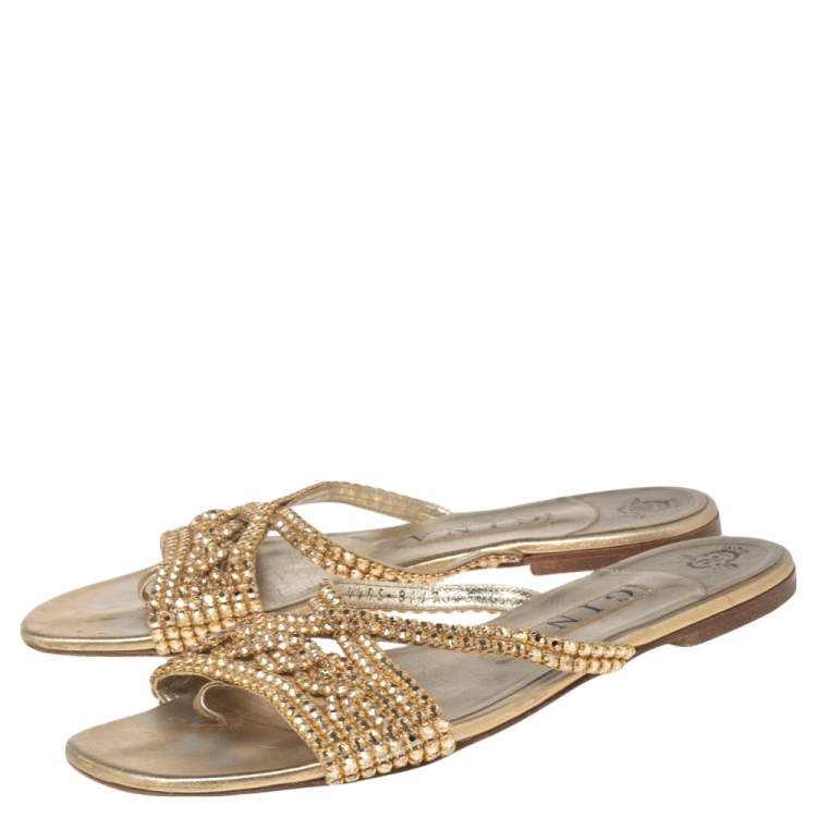 Pre Owned Gina Gold Leather Crystal Embellished Flat Loren Sandals Size 39